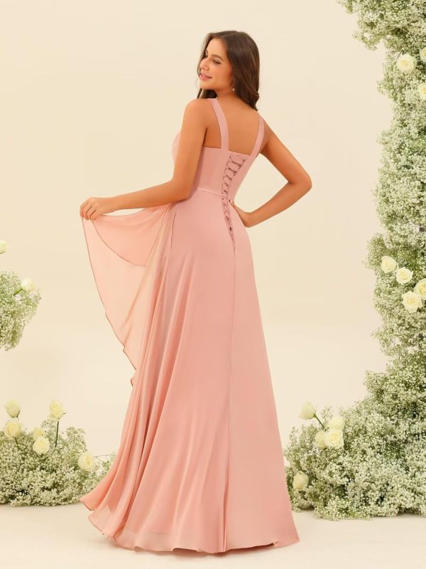 Ruffle Chiffon Bridesmaid Dresses Long with Pockets 2025 Square Neck Evening Gown with Slit for Women CY029