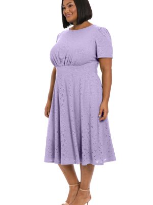 Women's Eyelet Midi A-line Puff Sleeves-Gathered Waist Empire Cut-Wedding Guest Dress