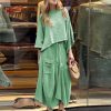 Women’S Cotton Linen Two-Piece Set O-Neck Pullover Belted Irregular Skirt Spring Outfit