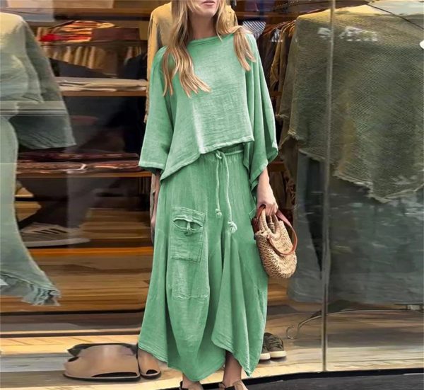 Women’S Cotton Linen Two-Piece Set O-Neck Pullover Belted Irregular Skirt Spring Outfit