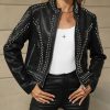 Women's Faux Leather Jacket Studded Rivet Casual Short Moto Biker Stand Collar Coat