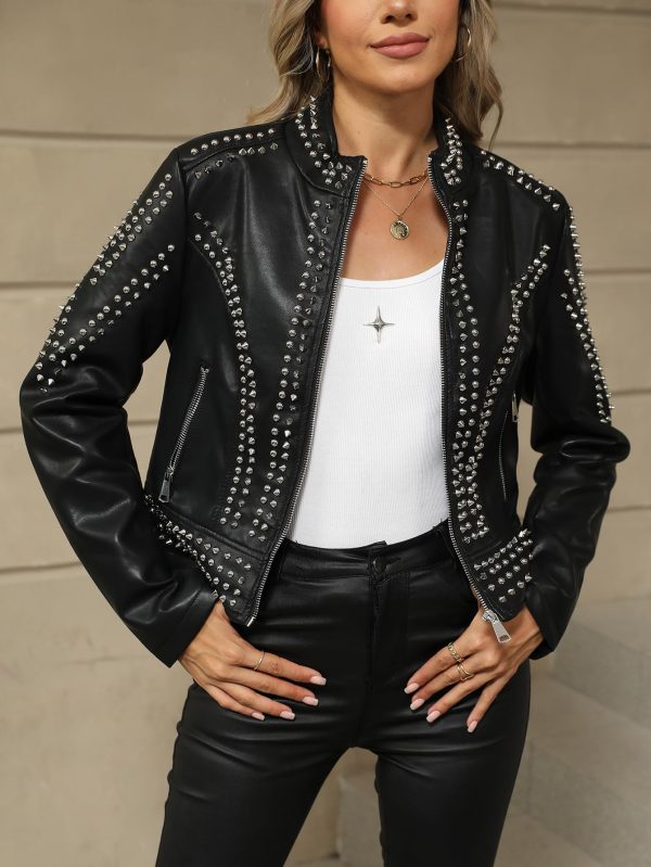 Women's Faux Leather Jacket Studded Rivet Casual Short Moto Biker Stand Collar Coat