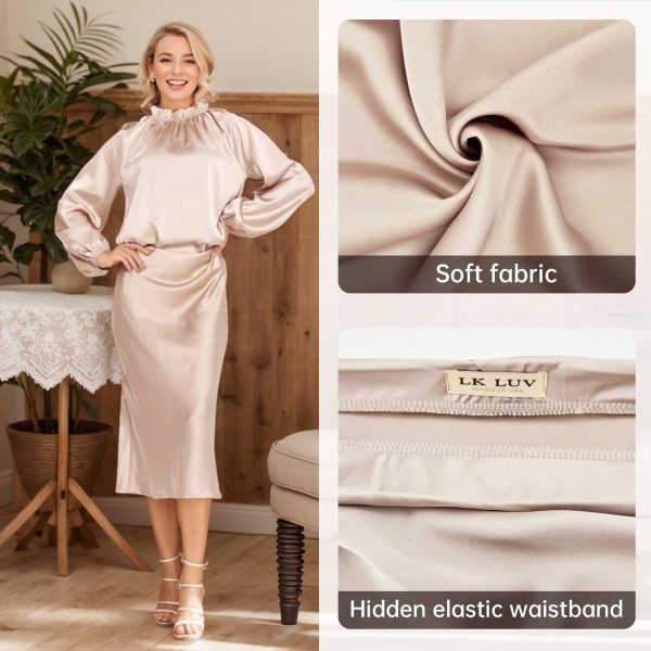 Women Solid High Waist Silky Casual Elastic Satin Midi Skirt -Made in USA (Available in Plus Size)