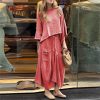 Women’S Cotton Linen Two-Piece Set O-Neck Pullover Belted Irregular Skirt Spring Outfit