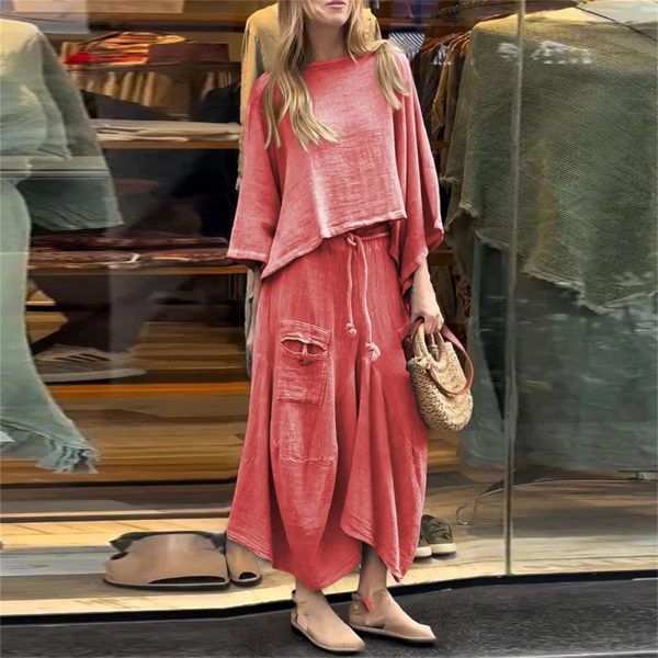 Women’S Cotton Linen Two-Piece Set O-Neck Pullover Belted Irregular Skirt Spring Outfit