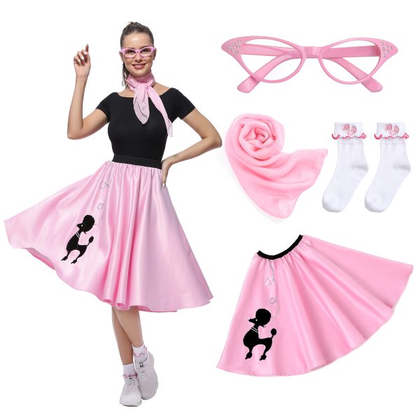 Women Sock Hop Costume, Adult 1950s Poodle Dress Costume, 50's Poodle Skirt with Glasses, Scarf and Socks