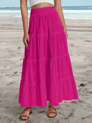 Women’s Summer Boho Maxi Skirts Smocked High Wasited Flowy Tiered Ruffle A Line Long Beach Skirt