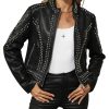 Women's Faux Leather Jacket Studded Rivet Casual Short Moto Biker Stand Collar Coat