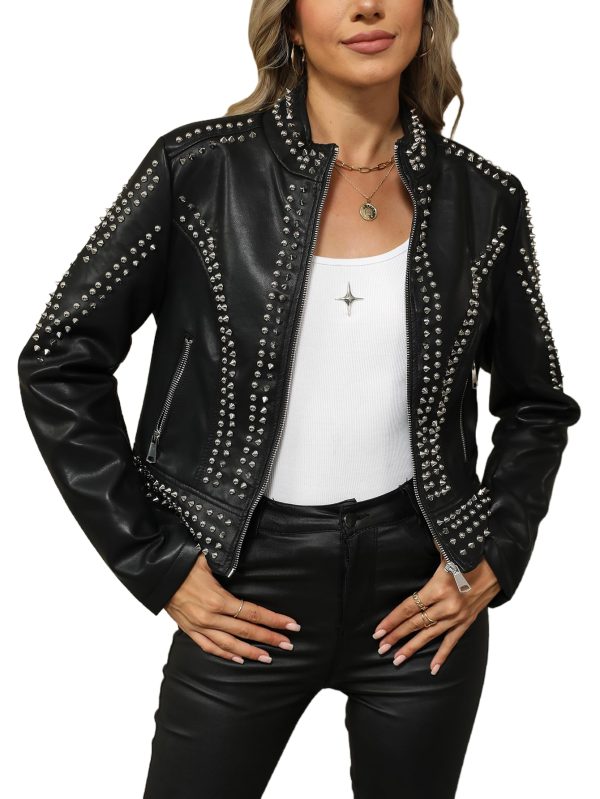 Women's Faux Leather Jacket Studded Rivet Casual Short Moto Biker Stand Collar Coat