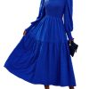 Women 2025 Spring Puff Long Sleeve Crewneck Smocked Maxi Dress Empire Waist Tiered A-line Swing Flowy Long Dress