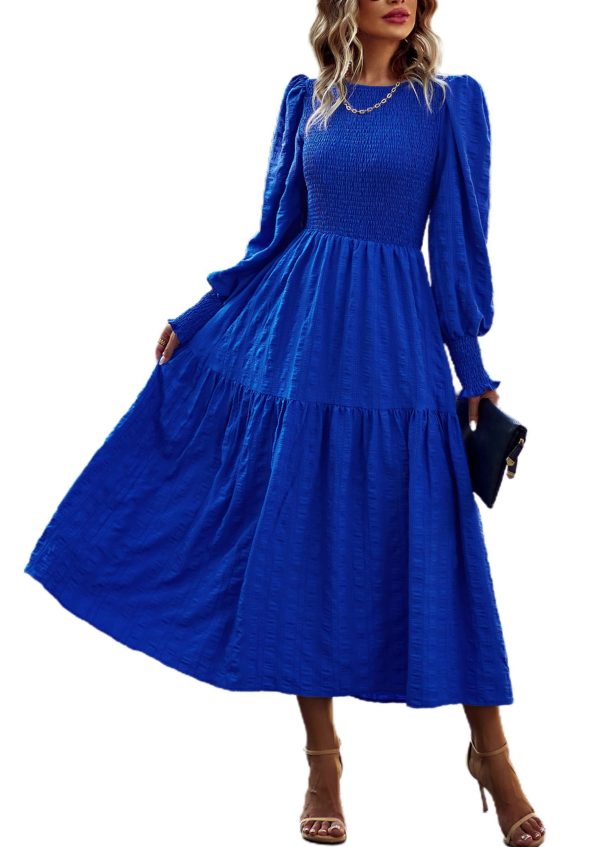 Women 2025 Spring Puff Long Sleeve Crewneck Smocked Maxi Dress Empire Waist Tiered A-line Swing Flowy Long Dress