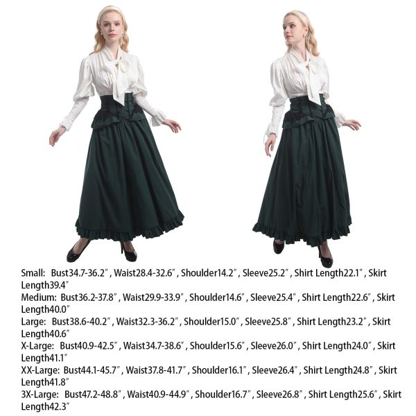 Victorian Dress Costume Women Medieval Vintage Edwardian Blouse Maxi Skirt Set
