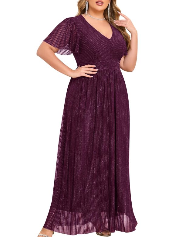 Plus Size Maxi Formal Dress Sparkly V-Neck A-line Ruffle Sleeves Evening Gown Cocktail Prom Glitter