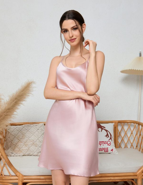 Women's Silk Nightgown, 100% Real 19 Momme Mulberry Silk Sleepwear Round Neck Spaghetti Strap Chemise Nightdress