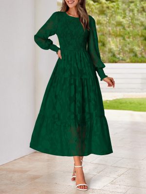 Casual Women's 2025 Spring Dresses Elegant Wedding Guest Dress Long Sleeve Floral Midi Dress Flowy Bohemian Long Dress
