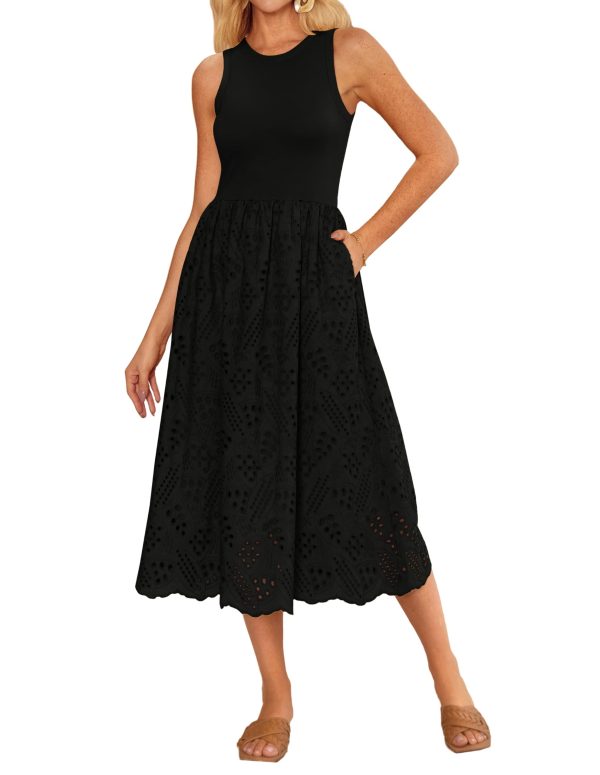 Women's Summer Sleeveless Tank Dress A Line Midi Dress Eyelet Crewneck Casual Holiday Dress with Pockets