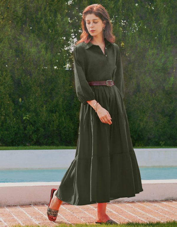 Women Flowy Maxi Shirt Dress Casual Button Down V Neck Ruffled Beach Long Dresses with Pockets