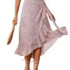 Women's Boho Floral Print Wrap Front Self Tie Knot Ruffle Hem Split Midi Skirt