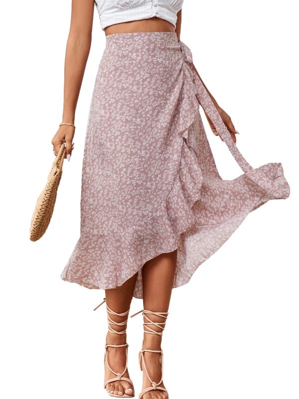 Women's Boho Floral Print Wrap Front Self Tie Knot Ruffle Hem Split Midi Skirt