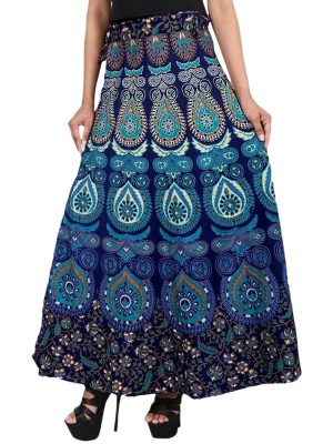 Women’s Bohemian Print Cotton Long Skirt Pareo Beach Wrap Cover up Elastic Waist One Size Waist 22"-39"