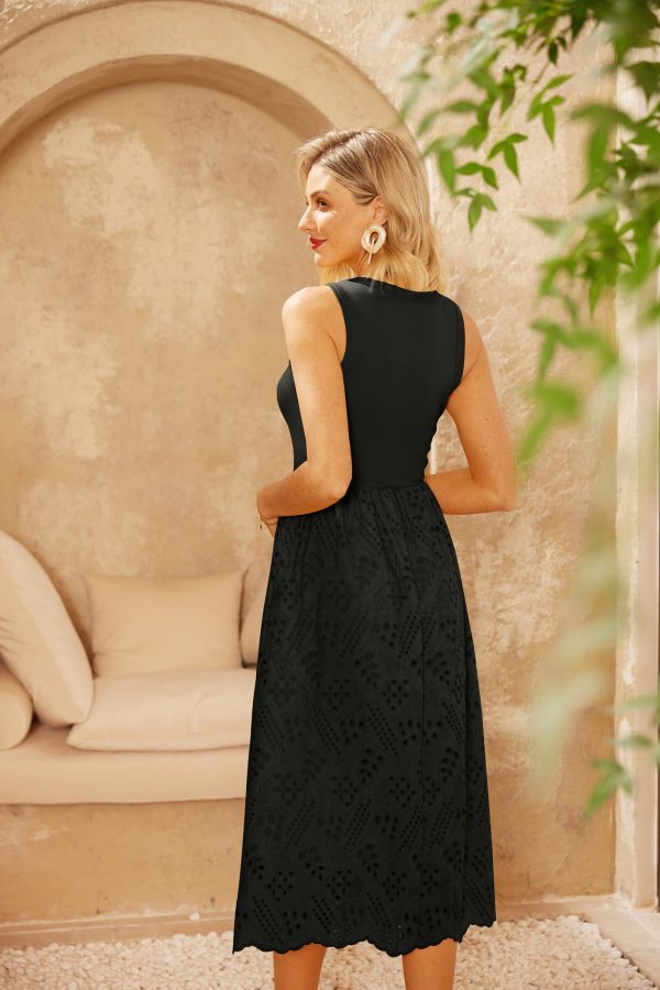 Women's Summer Sleeveless Tank Dress A Line Midi Dress Eyelet Crewneck Casual Holiday Dress with Pockets