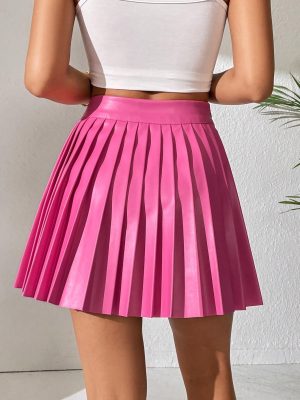 Women's PU Leather High Waisted Pleated Skirt Faux Leather Party Skater Mini Skirt