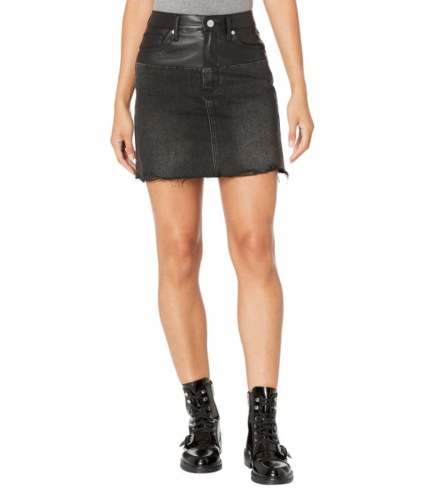 Womens Vegan Leather & Denim High Rise Mini Skirt with Raw Hem FinishSkirt