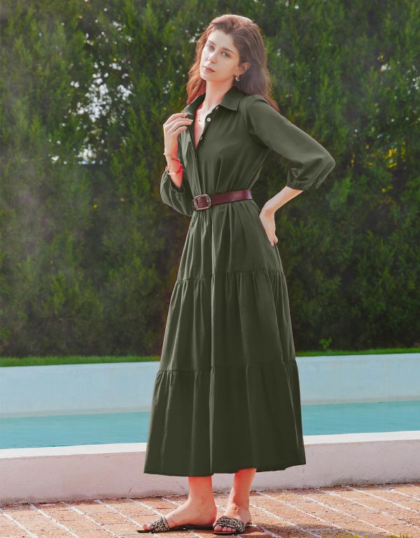 Women Flowy Maxi Shirt Dress Casual Button Down V Neck Ruffled Beach Long Dresses with Pockets