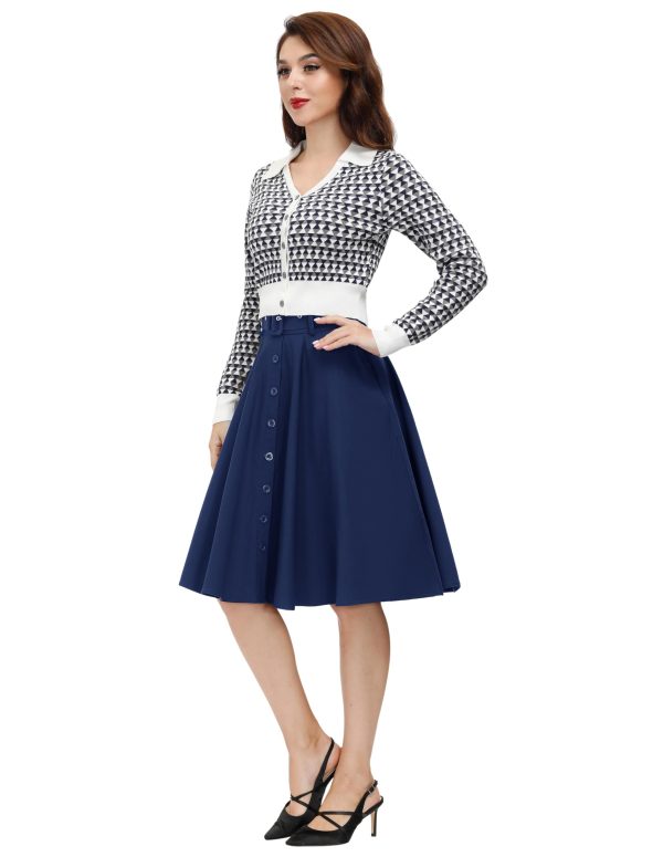 Women's Vintage Skirts High Waisted Flared A-Line Midi Skirt with Belt Pockets & Belts