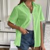 Women Button Down Cotton Shirt Rolled Cuffed Short Sleeve Blouses Casual V Neck Beach Shirts Solid Color Top