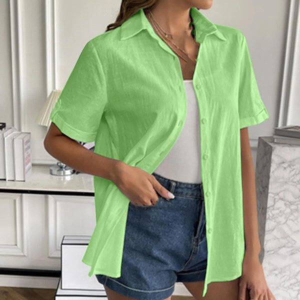 Women Button Down Cotton Shirt Rolled Cuffed Short Sleeve Blouses Casual V Neck Beach Shirts Solid Color Top