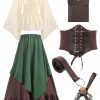 Women Medieval Renaissance Dress Costume Halloween Blouse Top Skirt Pouch Corset Belt Bottle