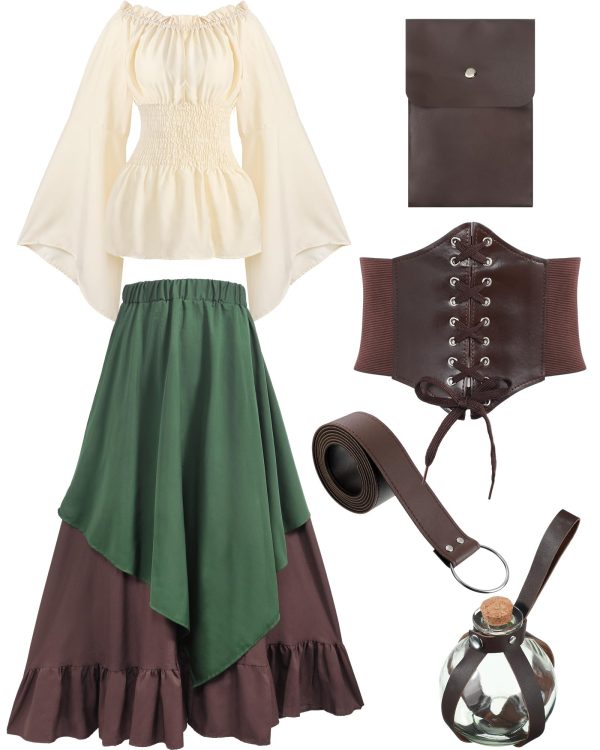 Women Medieval Renaissance Dress Costume Halloween Blouse Top Skirt Pouch Corset Belt Bottle