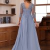 Women's Lace Appliqued Mother of The Bride Dresses 3/4 Sleeves Scoop Long Formal Evening Dress MDPM107