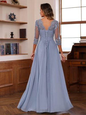 Women's Lace Appliqued Mother of The Bride Dresses 3/4 Sleeves Scoop Long Formal Evening Dress MDPM107