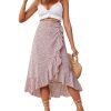 Women's Boho Floral Print Wrap Front Self Tie Knot Ruffle Hem Split Midi Skirt