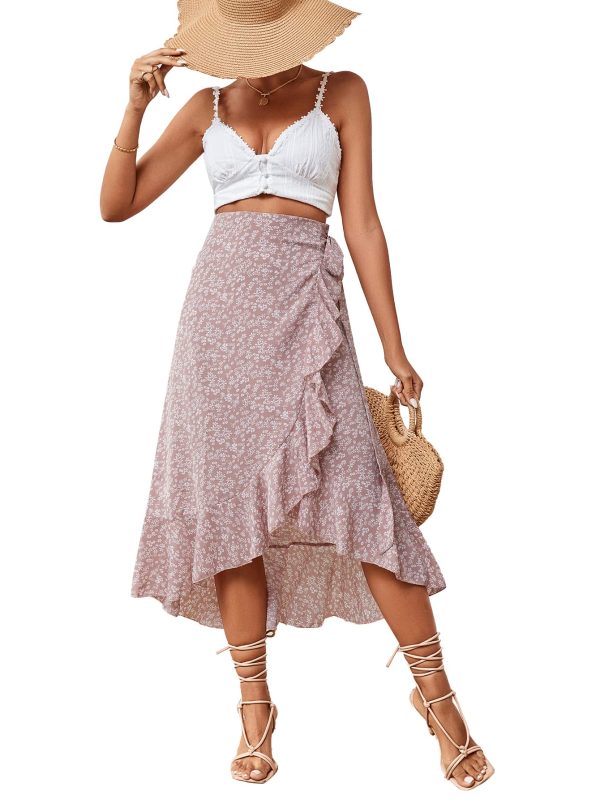 Women's Boho Floral Print Wrap Front Self Tie Knot Ruffle Hem Split Midi Skirt