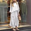 Women’S Cotton Linen Two-Piece Set O-Neck Pullover Belted Irregular Skirt Spring Outfit