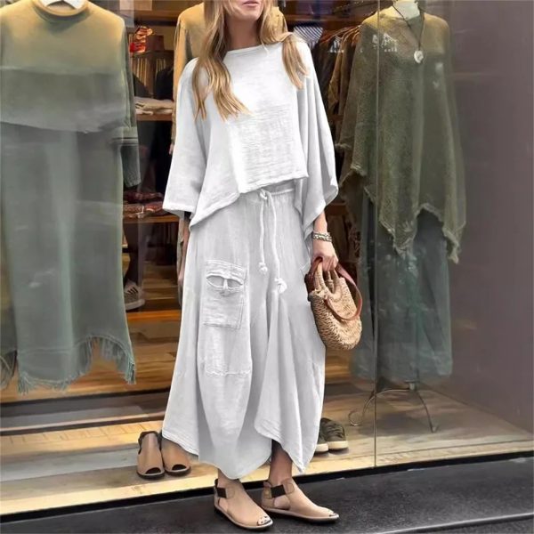 Women’S Cotton Linen Two-Piece Set O-Neck Pullover Belted Irregular Skirt Spring Outfit