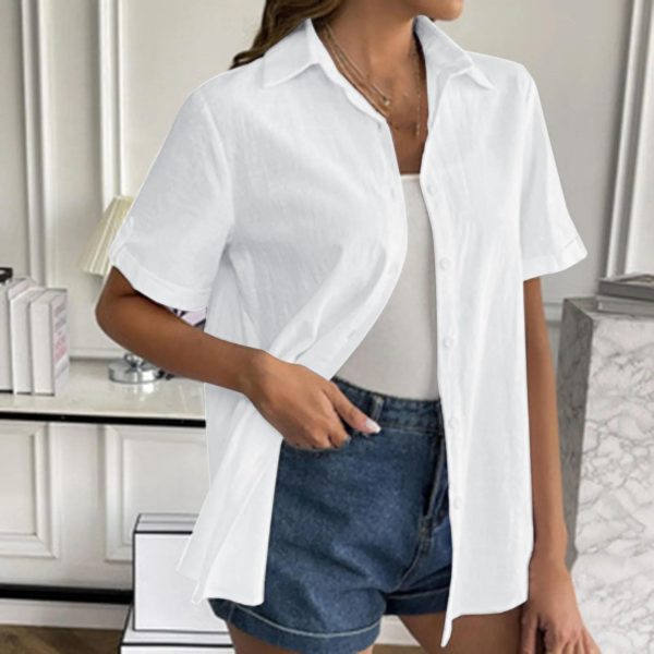Women Button Down Cotton Shirt Rolled Cuffed Short Sleeve Blouses Casual V Neck Beach Shirts Solid Color Top