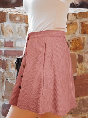 Women’s Button Front Mini Skirt A-line Pleated Corduroy Skater Skirts for Women with Pocket
