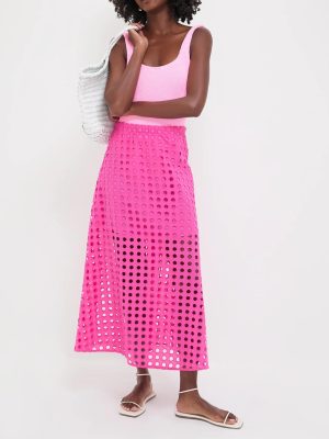 2025 Summer Casual Long Skirt for Women Cotton Eyelet Beach Maxi Skirt with Underneath