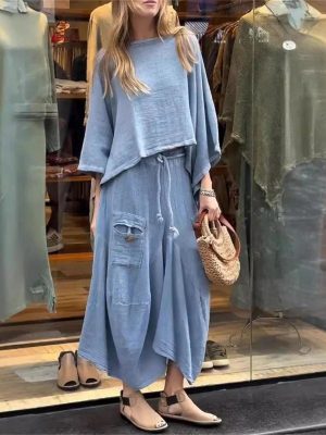 Women’S Cotton Linen Two-Piece Set O-Neck Pullover Belted Irregular Skirt Spring Outfit