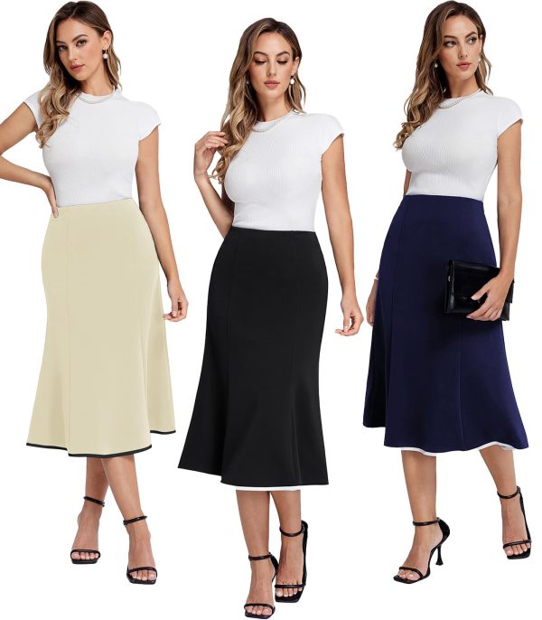 Women Midi Pencil Skirt Contrast Trim Stretch Long Bodycon Office Skirts for Women Trendy Mermaid Style