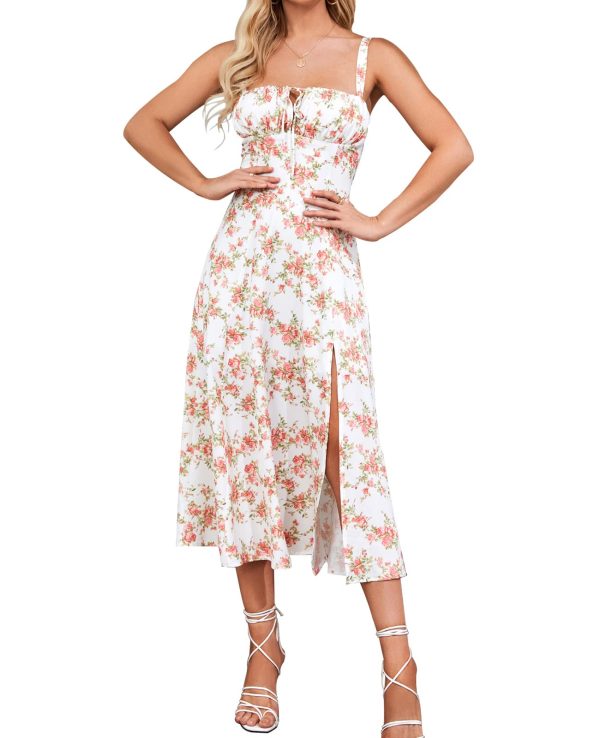 Floral Midi Corset Dress Boho Flowy Slit Lace Up Dresses for Women Going Out A Line Casual Sundress