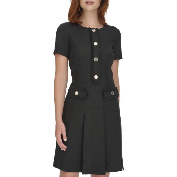 Women's Soft Hand Boucle Short Sleeve Button Front A-line Dress