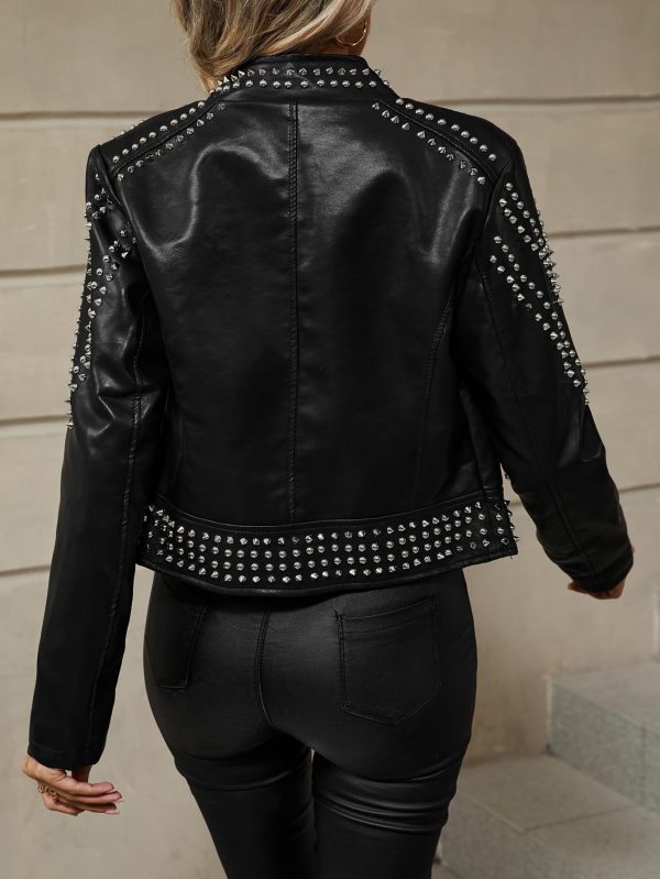 Women's Faux Leather Jacket Studded Rivet Casual Short Moto Biker Stand Collar Coat