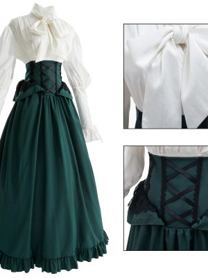 Victorian Dress Costume Women Medieval Vintage Edwardian Blouse Maxi Skirt Set