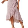 Women's Boho Floral Print Wrap Front Self Tie Knot Ruffle Hem Split Midi Skirt