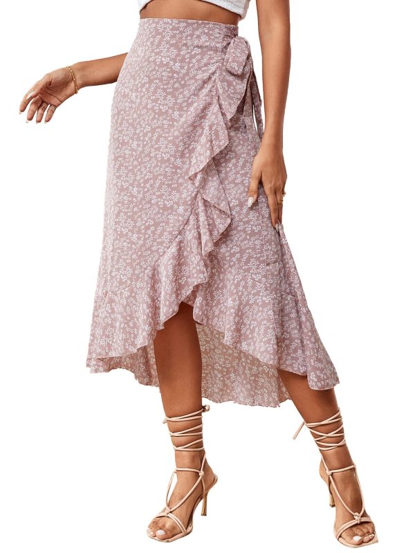 Women's Boho Floral Print Wrap Front Self Tie Knot Ruffle Hem Split Midi Skirt
